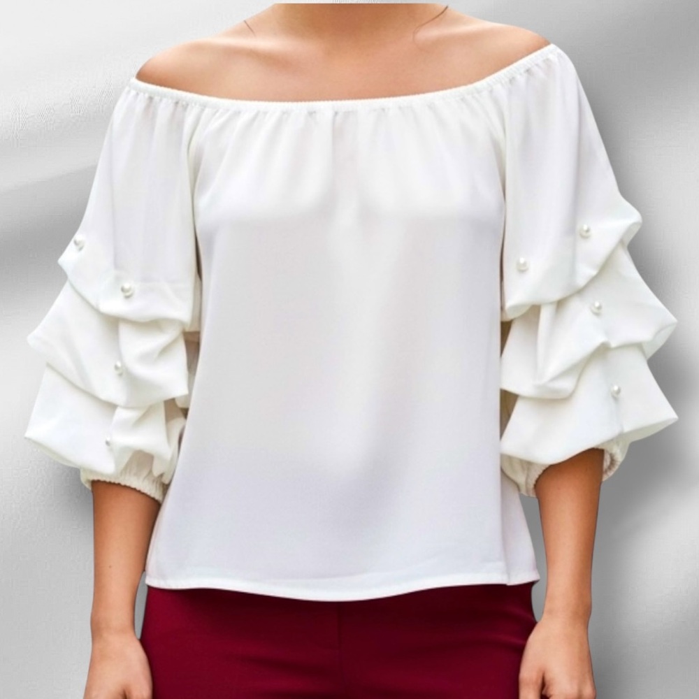 Cece Off Shoulder Blouse Womens S Ivory Tiered Balloon Sleeve Boho Chic Romantic